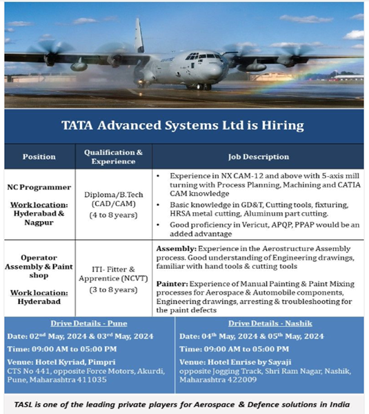 Tata Advanced Systems to host two-day Walk-In recruitment drive in Pune on May 2nd and 3rd, 2024