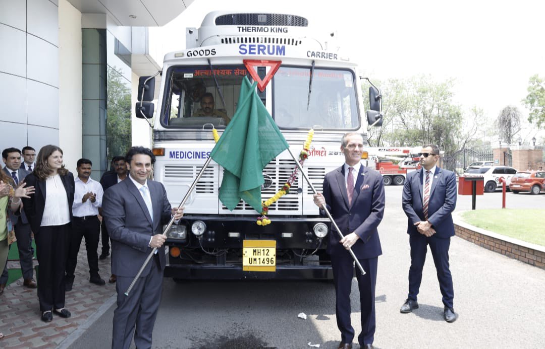 Pune, Maharashtra: CEO of Serum Institute of India, Adar Poonawalla and Ambassador of the United States of America to India, Eric Garcetti flag off the first consignment of R21-Matrix-M Malaria vaccine doses to Africa