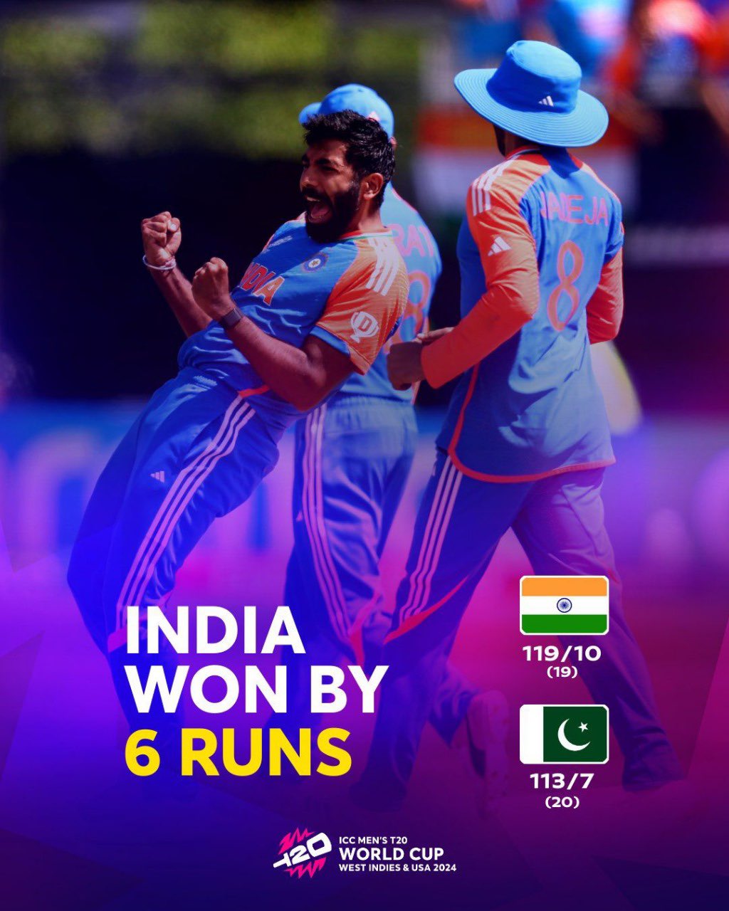 India beat Pakistan by 6 runs: Men’s T20 World Cup 2024