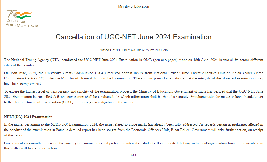 Cancellation of UGC-NET June 2024 Examination