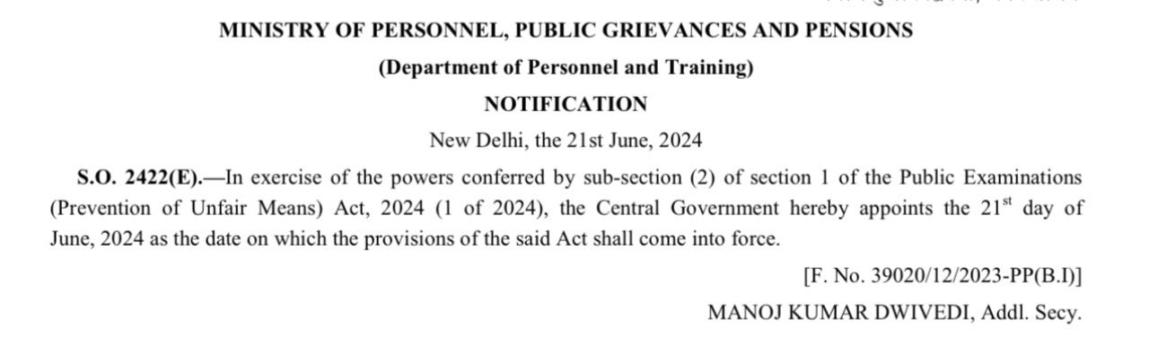 Public Examinations (Prevention of Unfair Means) Act comes into force from June 21, 2024.