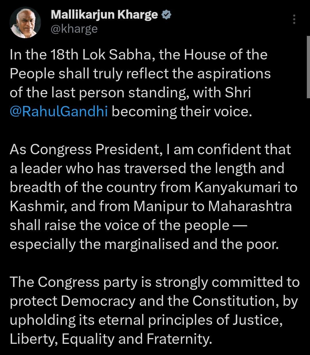 Congress President Mallikarjun Kharge tweets, 