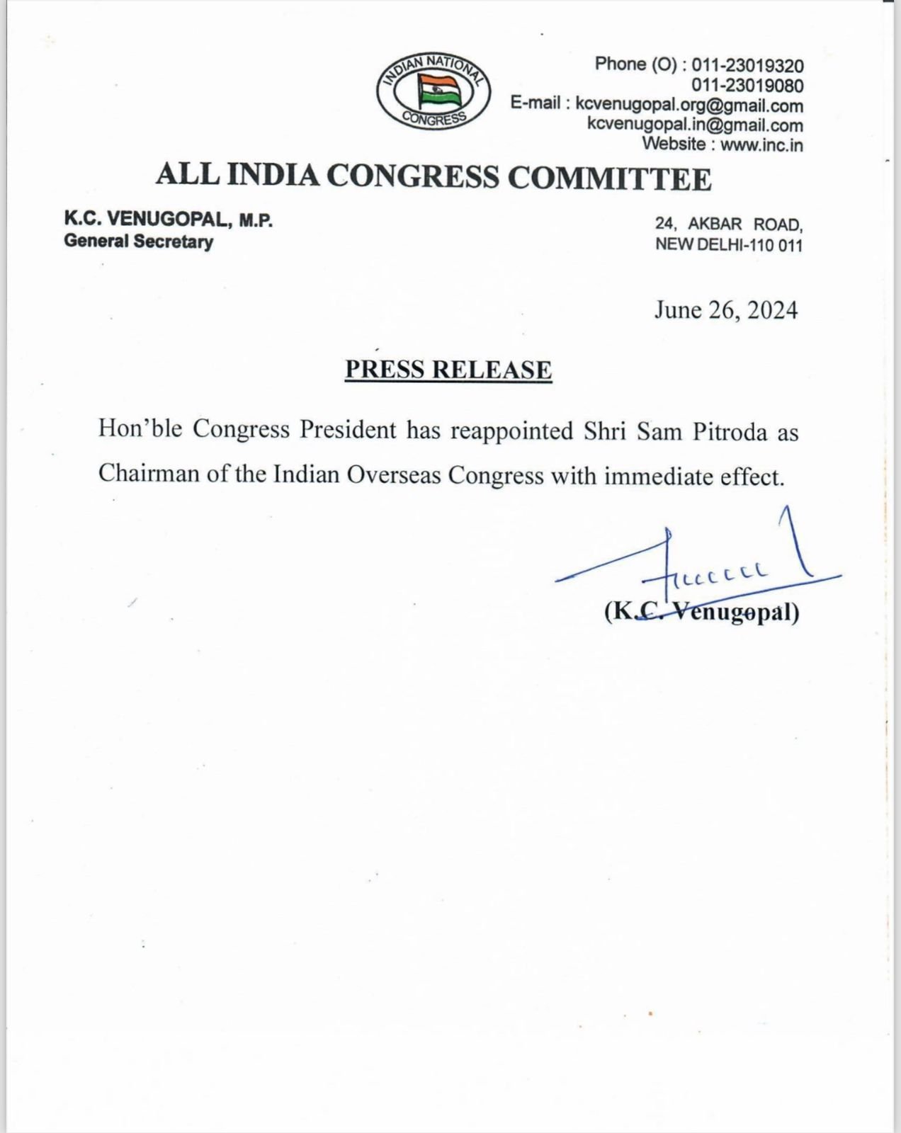Sam Pitroda re-appointed as chairman of the Indian Overseas Congress with immediate effect