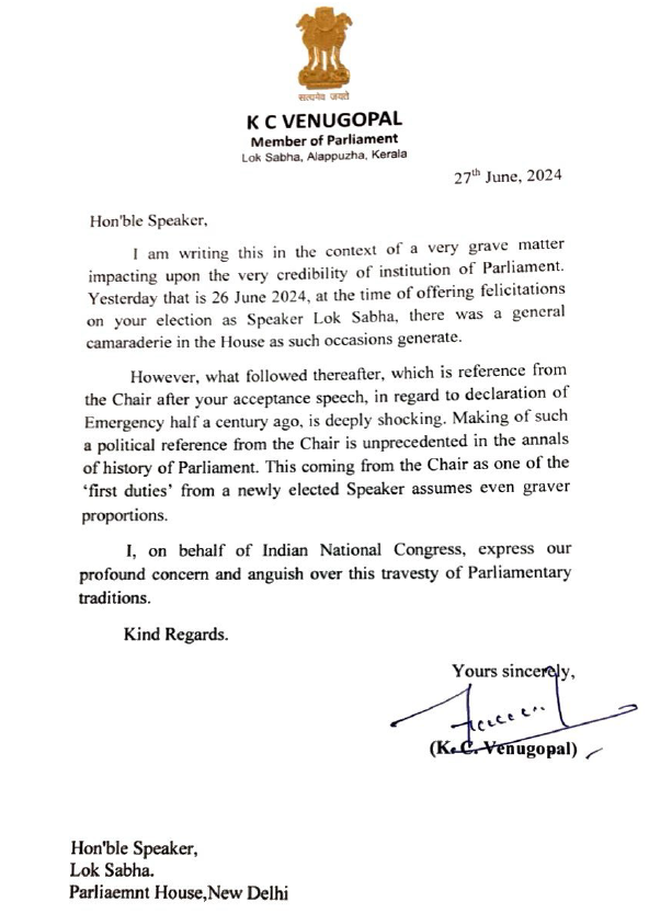 Congress MP K.C. Venugopal writes to Lok Sabha Speaker Om Birla expressing 