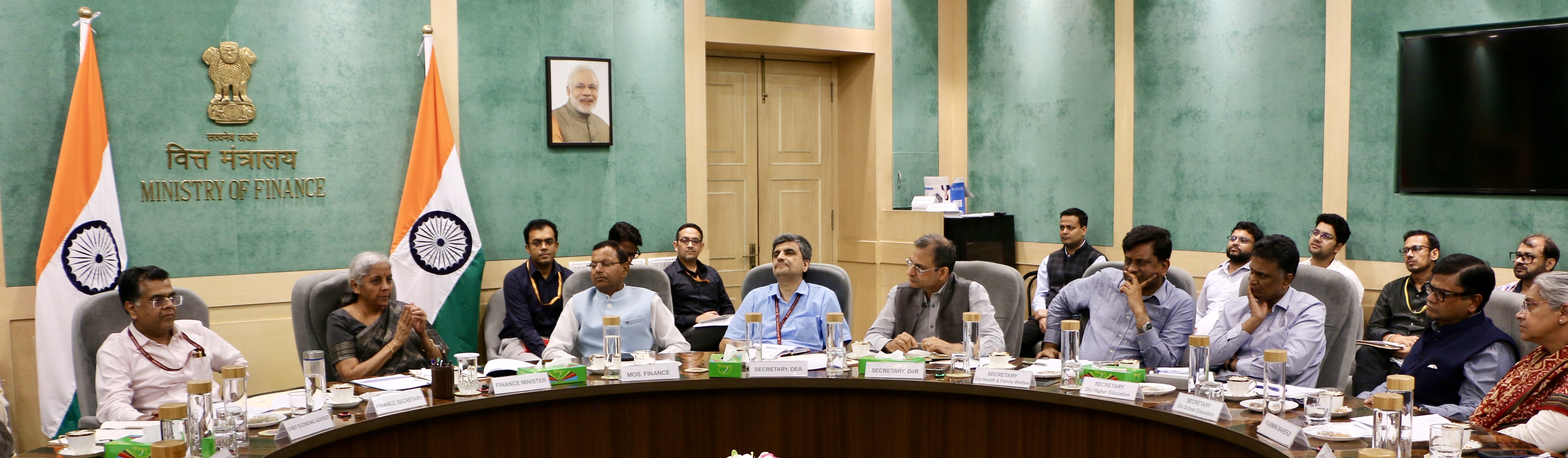 Union Minister for Finance & Corporate Affairs Nirmala Sitharaman chairs the ninth Pre-Budget Consultation with experts from health and education sectors to take suggestions for the upcoming General Budget 2024-25, in New Delhi, today.