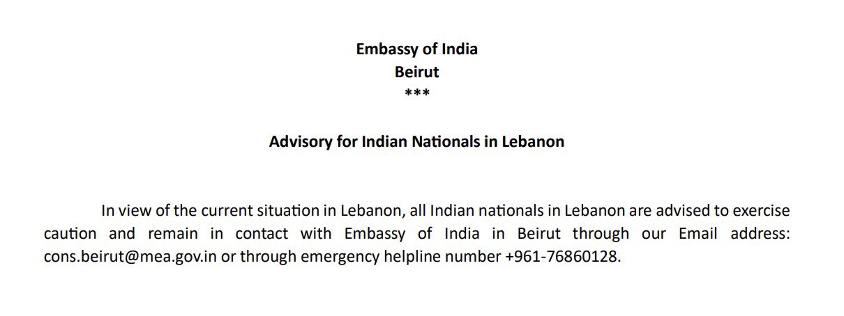 Advisory for Indian Nationals in Lebanon