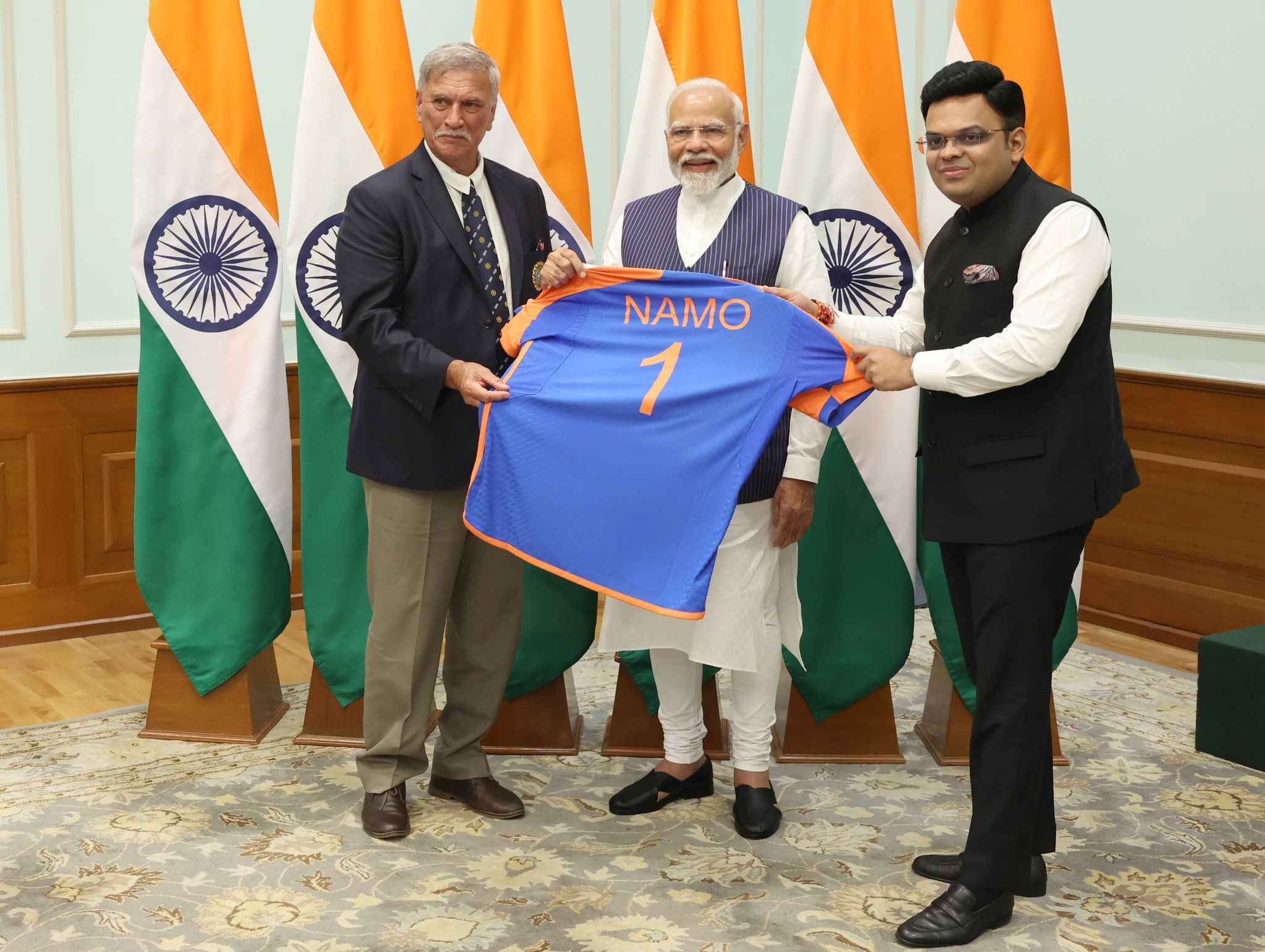 BCCI Secretary Jay Shah and President Roger Binny presented the 'Namo 1' jersey to Prime Minister Narendra Modi. 