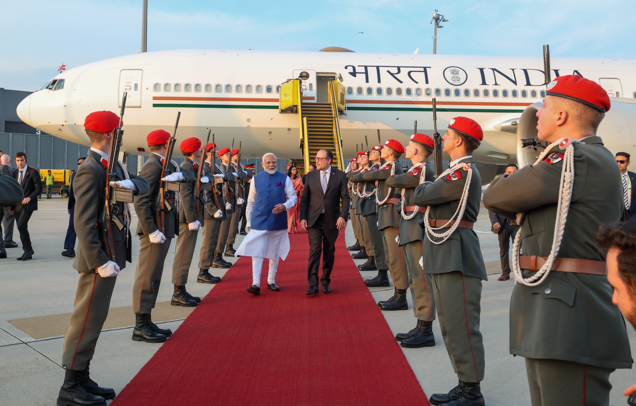 Glimpses from PM Modi arrival in Vienna, Austria. During his visit, the PM will hold talks with Chancellor Karl Nehammer and take part in various programmes.- PMO India