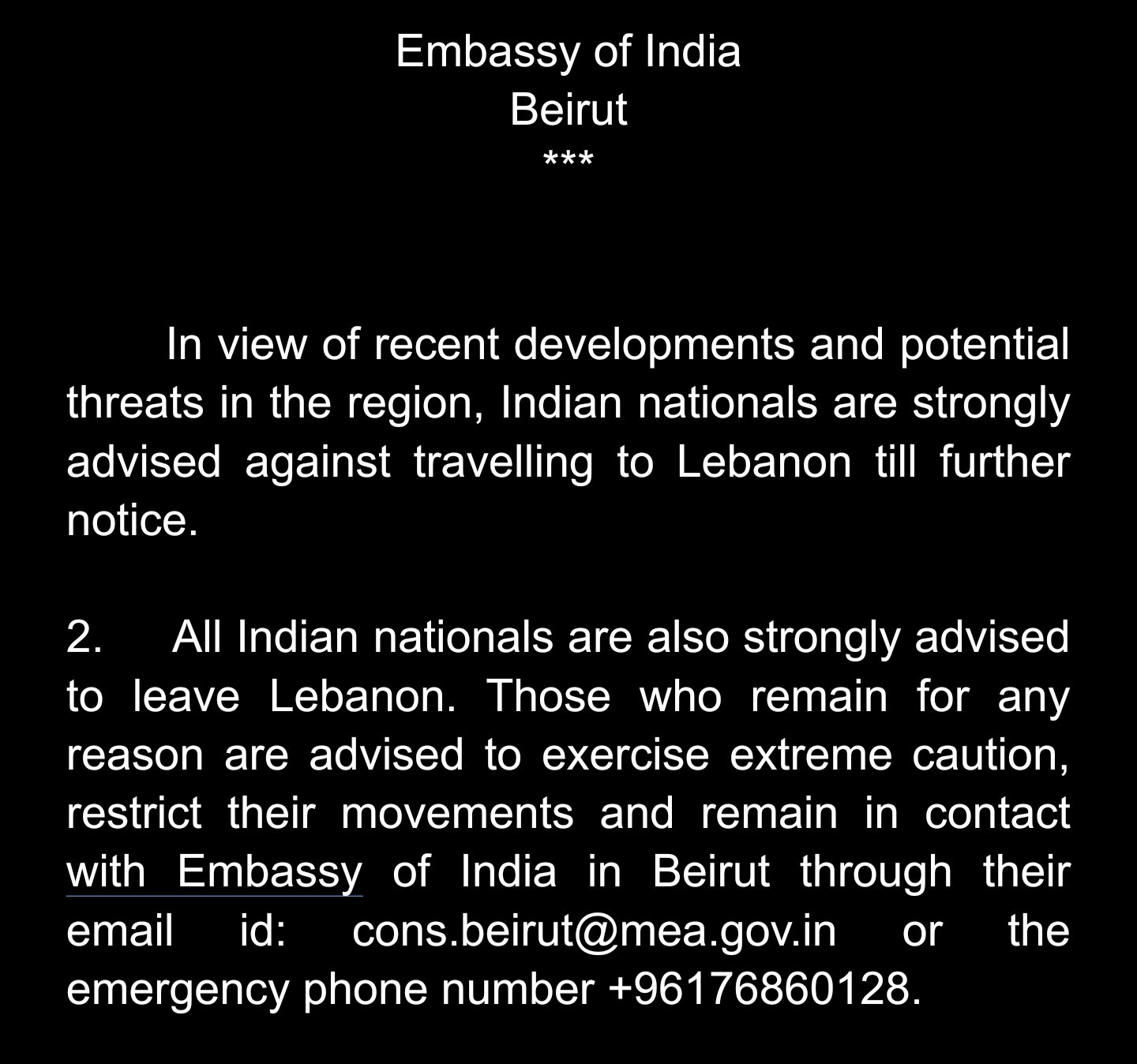 Updated travel advisory for Indian Nationals