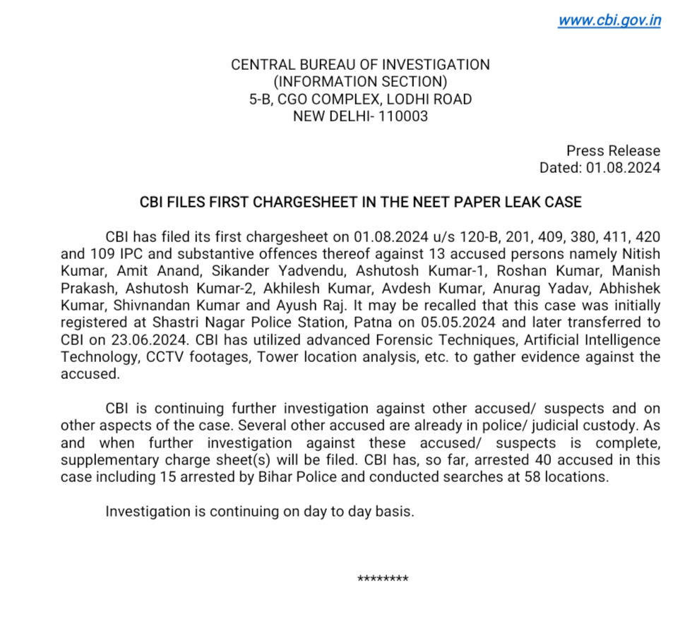 CBI FILES FIRST CHARGESHEET IN THE NEET PAPER LEAK CASE