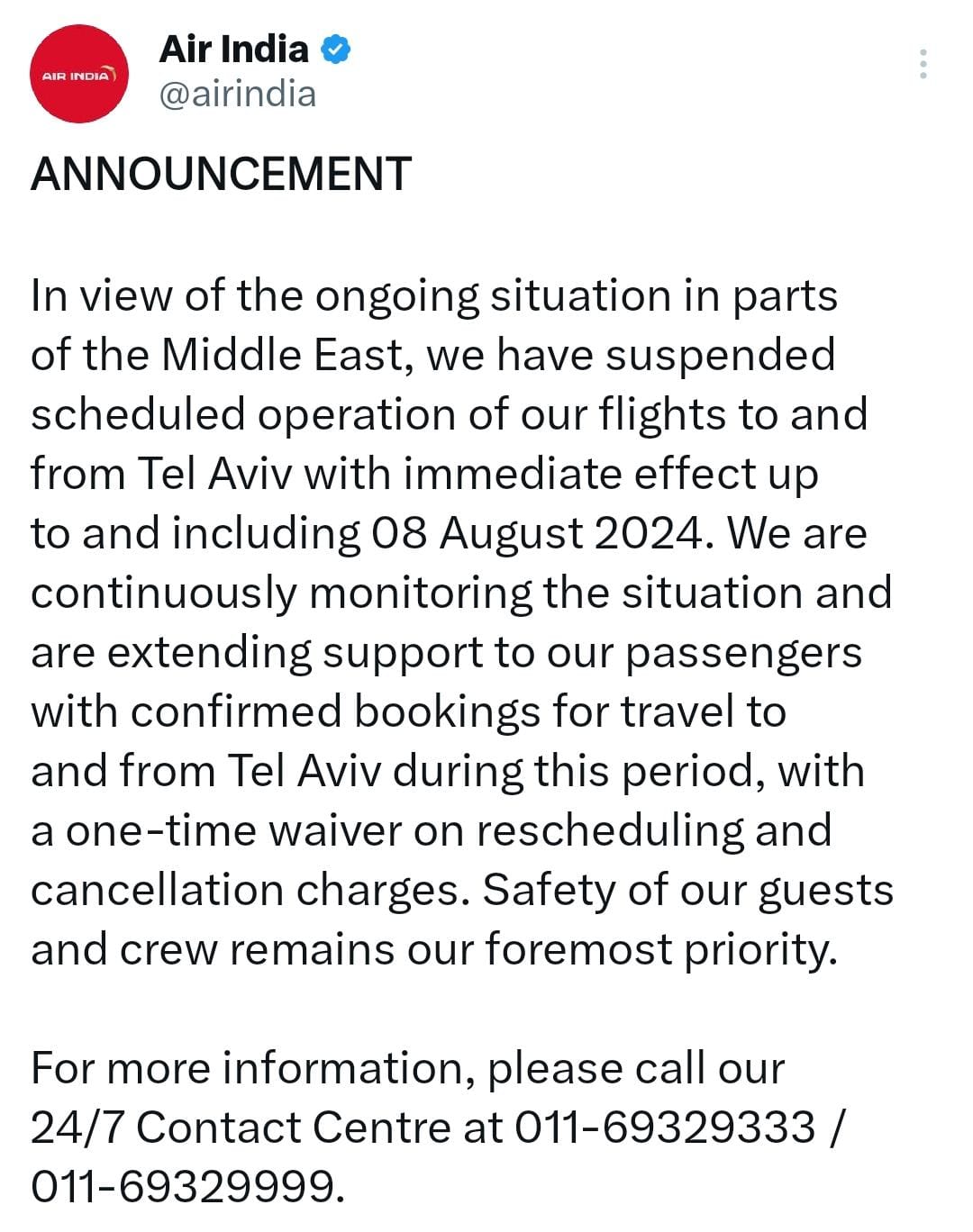 Air India on Friday suspended its flights to and from Israel's Tel Aviv with immediate effect till August 8 amid rising tensions in the Middle East. 