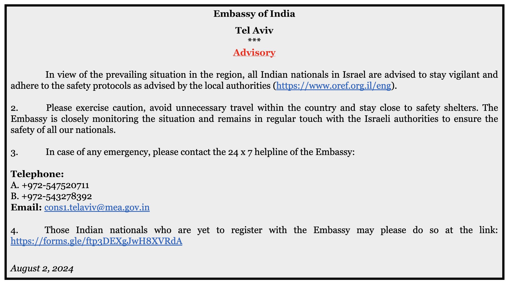 IMPORTANT ADVISORY FOR INDIAN NATIONALS IN ISRAEL