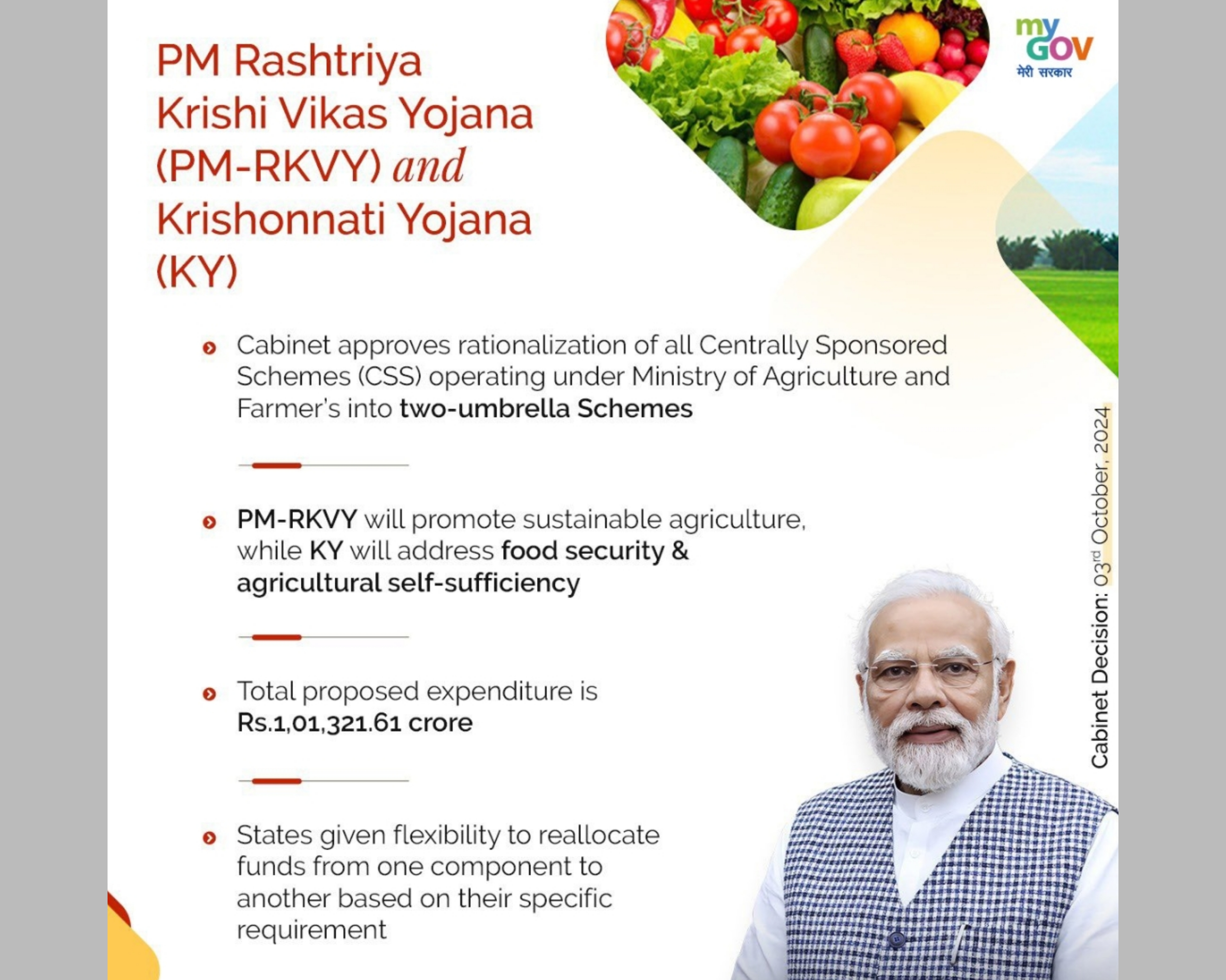 Cabinet approves the PM Rashtriya Krishi Vikas Yojana (PM-RKVY) to promote sustainable agriculture and Krishonnati Yojana (KY) to achieve food security for self sufficiency