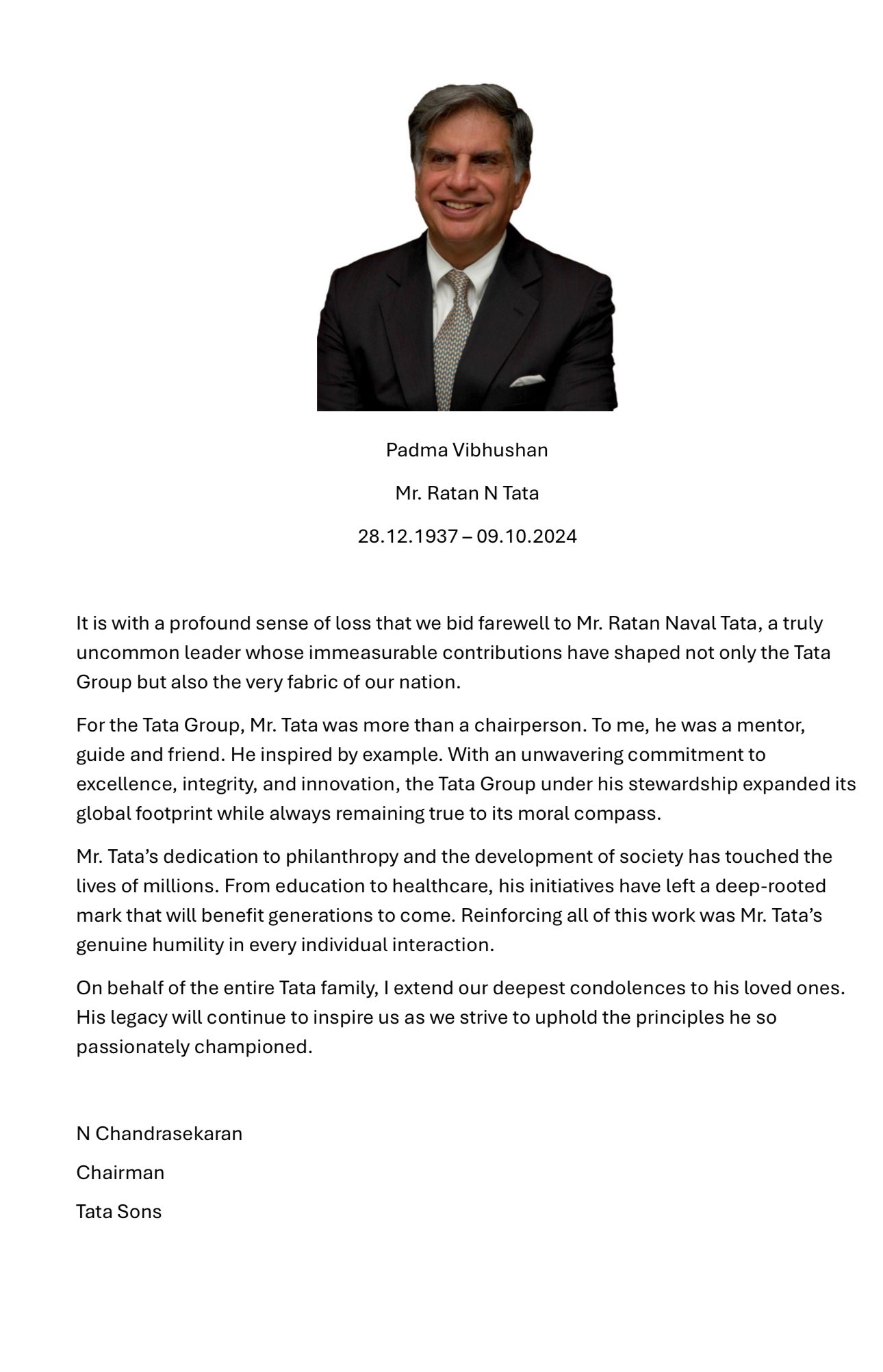 Industrialist Ratan Tata passes away