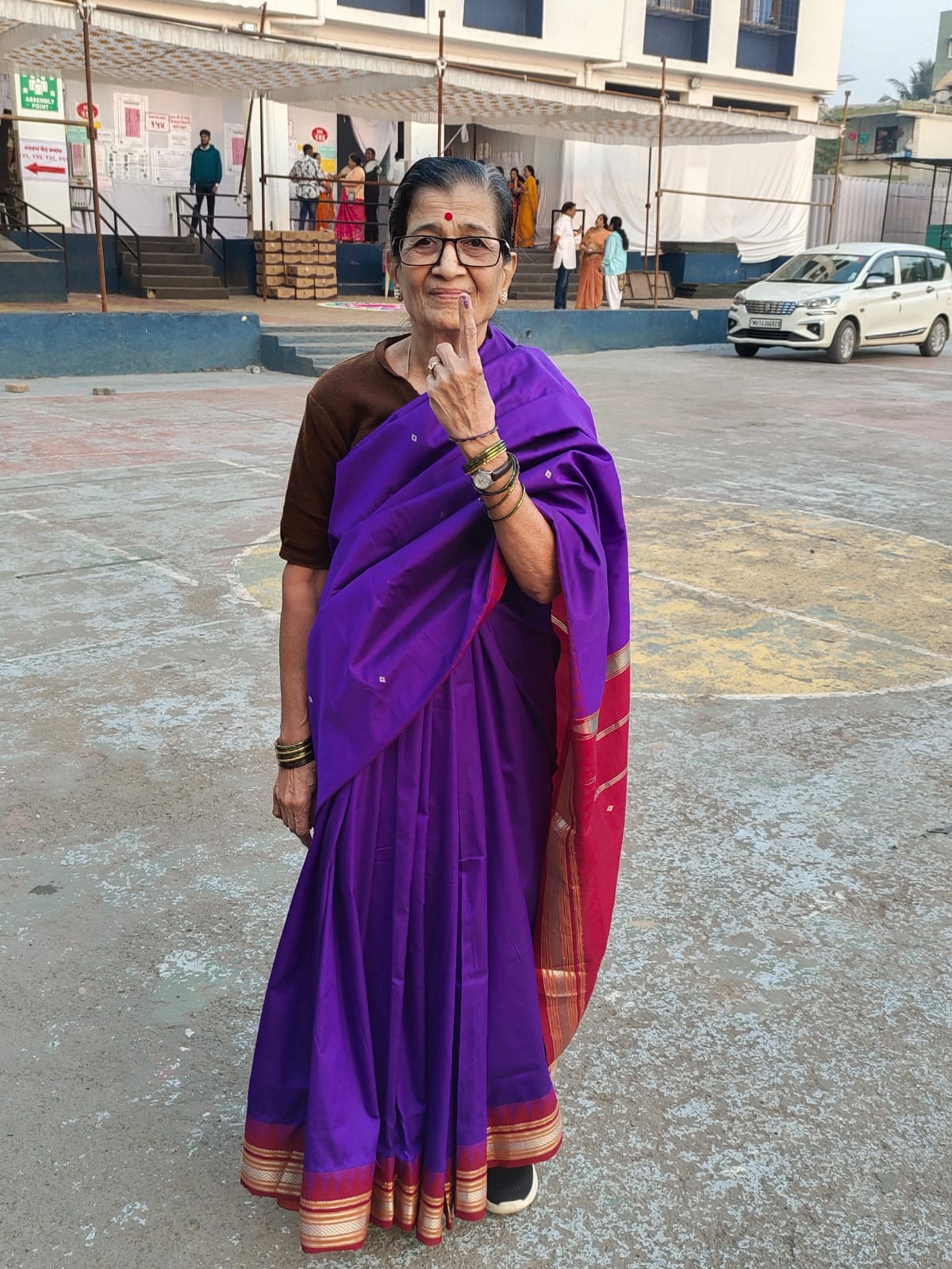 Maharashtra Assembly Election: Polling starts in Pimpri, Chinchwad and Bhosari assembly seats...An elderly voter after casting her vote outside Potdar school polling station in Chinchwad